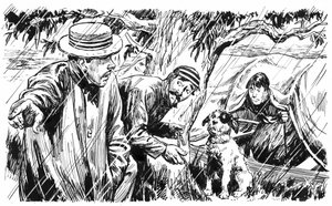 Illustration till Tre män i en båt av Jerome K Jerome (penna och tusch) av C.L. Doughty