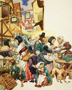 Jacobean Street Scene (gouache på papper) av C.L. Doughty
