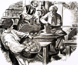 Josiah Wedgwood gick i lära i familjens krukmakeri (gouache på papper) av C.L. Doughty