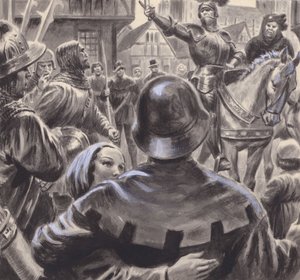 Bråkande adelsmän rekryterade arméer bland de arbetslösa före detta soldater som strömmade in i England efter att hundraårskriget tog slut 1453 (gouache på papper) av C.L. Doughty