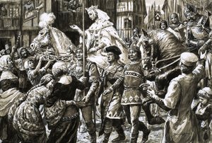Det engelska folket välkomnar drottning Isabellas och Roger Mortimers rebellarmé