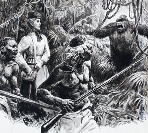 Upptäcktsresanden Mary Kingsley i Afrika (gouache på papper) av C.L. Doughty