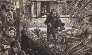 Poeten John Milton i sin trädgård, med sina döttrar (gouache på papper)