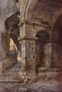 Medeltida fästning, Terracina (färg litho) av C.T.G. Formili