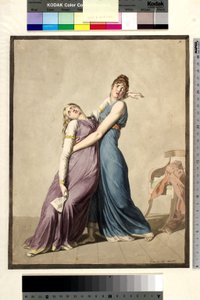 En kvinna stödjer en annan kvinna, som har svimmat när hon läste ett brev av Christoffer Wilhelm Eckersberg