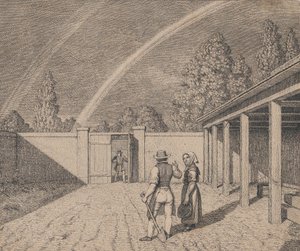 Ett par som samtalar på en stallgård, med en dubbel regnbåge ovanför, från 
