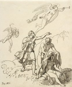 Allegorisk sammansättning; ett par unga män med åsneöron och en sittande naken kvinna, i bakgrunden Tid och fauna flyter av Christoffer Wilhelm Eckersberg