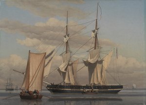 En amerikansk flottbrigg ligger för ankar medan hennes segel torkar av Christoffer Wilhelm Eckersberg