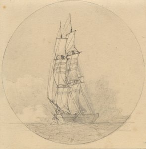 En brigg under segel sett framifrån. av Christoffer Wilhelm Eckersberg