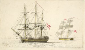 En dansk fregatt för ankar och en engelsk brigg under segel av Christoffer Wilhelm Eckersberg