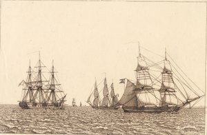 En fregatt ligger för ankar. Illustration för "Linjärt perspektiv", skylt IXb av Christoffer Wilhelm Eckersberg