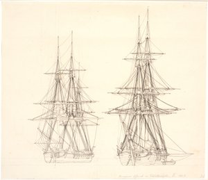 En korvett och en brigg för ankar. av Christoffer Wilhelm Eckersberg