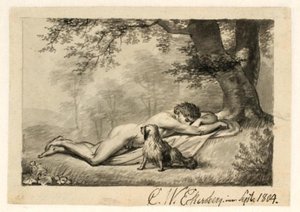 En naken ung man som ligger och sover vid foten av ett träd, vid hans sida en hund av Christoffer Wilhelm Eckersberg