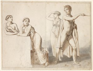 Fyra studiefigurer, tre kvinnor och en man i antika dräkter. av Christoffer Wilhelm Eckersberg