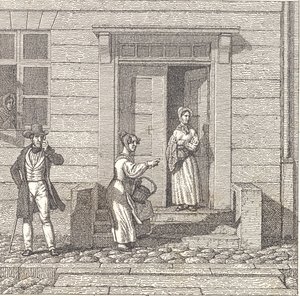 Gatubild, två flickor, en man och en kvinna som letar efter något av Christoffer Wilhelm Eckersberg