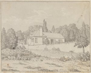 Jean Jacques Rousseaus hus i palatsträdgården i Ermenonville av Christoffer Wilhelm Eckersberg