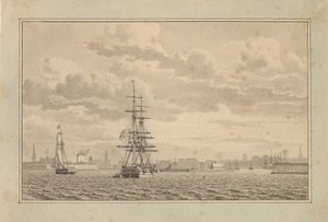 Köpenhamn sett från Yderhavnen med en brigg för ankar och en segelslup. av Christoffer Wilhelm Eckersberg