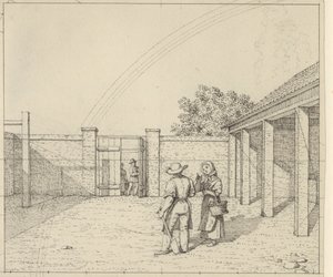 Linjärt perspektiv applicerat på målarkonsten - Utkast till oanvänd version av Platta V,2 - Regnbågen över gården. av Christoffer Wilhelm Eckersberg