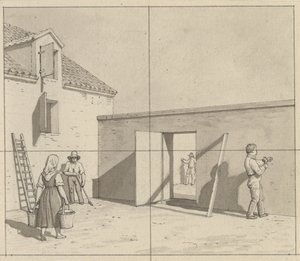 Linjärt perspektiv, applicerat på målarkonsten - utkast till oanvänd illustration - Dansk innergård med fyra bönder och hantverkare. av Christoffer Wilhelm Eckersberg