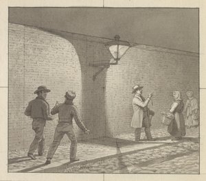 Linjärt perspektiv tillämpat på målarkonsten, tavla VIII, fig. 1 - Natttrafik under gatlyktan. av Christoffer Wilhelm Eckersberg
