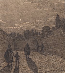 Månsken över en väg. Illustration för "Linjärt perspektiv", skylt IV av Christoffer Wilhelm Eckersberg