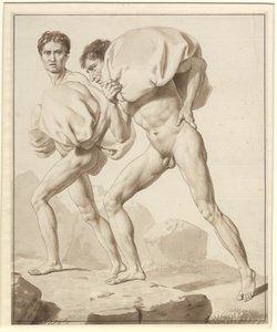 Moses delar vattnet och faraos armé är uppslukad - Studie för två israeliter på vandring, lastad med bagage av Christoffer Wilhelm Eckersberg