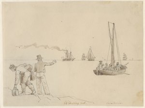 Passagerare förs ut till ångfartyget Caledonia. av Christoffer Wilhelm Eckersberg