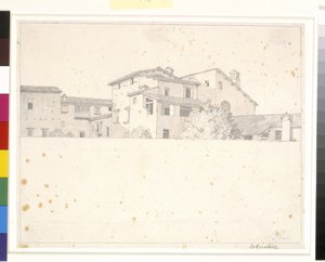 Romerska hus, sett över en mur. av Christoffer Wilhelm Eckersberg
