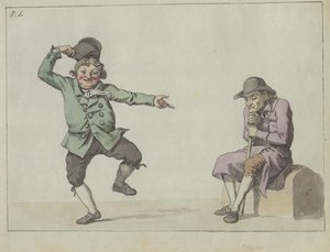 Satirisk tidskrift; en man hoppar och skrattar medan han pekar på en sittande gubbe av Christoffer Wilhelm Eckersberg