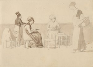 Scen från en gård eller kaj i Paris. Fyra sittande, stående och gående figurer. av Christoffer Wilhelm Eckersberg