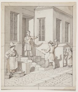 Bråk på gatans trappa. Förstudie för "Linjärt perspektiv tillämpat på målarkonsten", Plansch VII, 2 av Christoffer Wilhelm Eckersberg