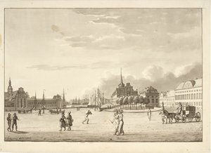 Slottsplatsen i Köpenhamn med Holmens kyrka, Børsen, den nu försvunna bank- och kanslibyggnaden ("Den röda byggnaden") av Christoffer Wilhelm Eckersberg