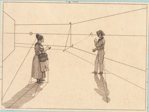 Två figurer i geometrisk konstruktion. Illustration för "Linjärt perspektiv", skylt IV av Christoffer Wilhelm Eckersberg