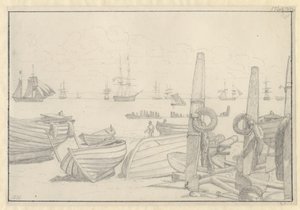 Utsikt från stranden söder om Helsingör mot bevakningsfartyget, briggen "Falster". av Christoffer Wilhelm Eckersberg