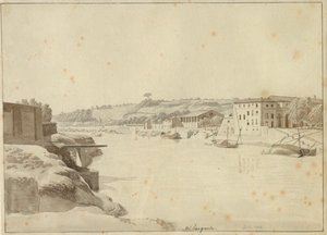 Utsikt över Tibern mot Porto di Ripa Grande och Porta Portese sett från stranden nedanför Monte Aventino, Rom. av Christoffer Wilhelm Eckersberg