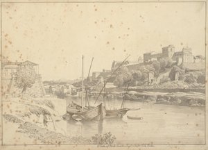 Utsikt över Tibern vid Porto di Ripa Grande utanför Porta Portese mot Marmorata och kyrkorna i Monte Aventino, Rom av Christoffer Wilhelm Eckersberg