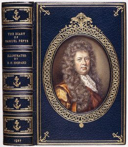 Bokomslag till "The Diary of Samuel Pepys", med ett ovalt porträtt av Samuel Pepys av C. B. Currie