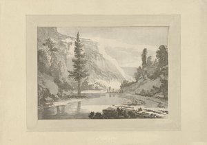 Berglandskap med herdar på en flodstrand av C. Brouwer