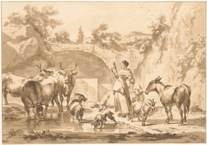 Spinnande herdinna med flock av C. Dietrich (prentmaker) (possibly)