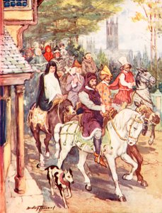 Chaucer rider till Canterbury med pilgrimerna (färg litho) av C. Dudley Tennant