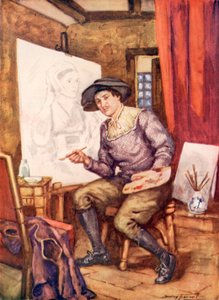 Hans Holbein på jobbet i sin ateljé (färg litho)