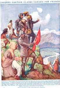 Jacques Cartier gör anspråk på Kanada för Frankrike, illustration från "Newnes Pictorial Book of Knowledge" (lito i färg)
