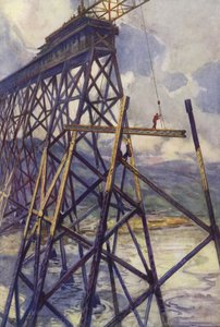 Ställning av stålet i Battle River Viaduct på Grand Trunk Pacific Railway, Kanada (färg litho) av C. Dudley Tennant