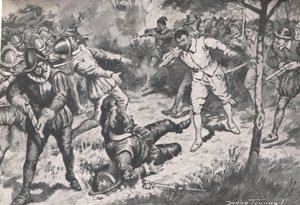 Amiralen, följt av sitt parti, sprang huvudstupa mot Vera Cruz Guard, illustration från 