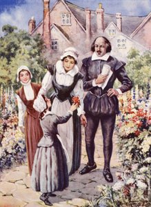 William Shakespeare, med sin fru och två döttrar, i trädgården på New Place, Stratford-upon-Avon (färg litho)
