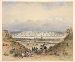 En allmän granskande kavalleri och infanteri, som är på väg att gå in i en muromgärdad stad i bergigt land, kanske Kandahar (N.W.F.P.). 1843, efter en tidigare skiss. av C. Graham