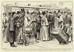 Påven Leo XIII:s biskopsjubileum, de engelska pilgrimerna som lämnade London för Rom på tisdagen förra året av C. Hentschell