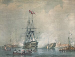 H M S Victory avfyrar en kunglig salut vid Portsmouth Harbour, från British Adventure publicerad av Collins, 1947 av C. J. M. Whichello