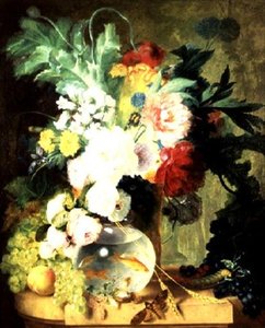 Stilleben med blommor och fiskskål (olja på panel) av C. Kuipers