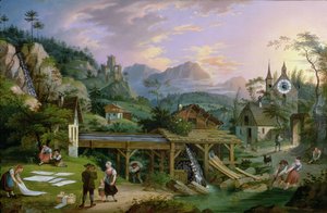 Bildklocka med scen av ett alpint bylandskap med klockmekanism i kyrktornet, 1833 (olja på järnplåt) av C. L. Hoffmeister